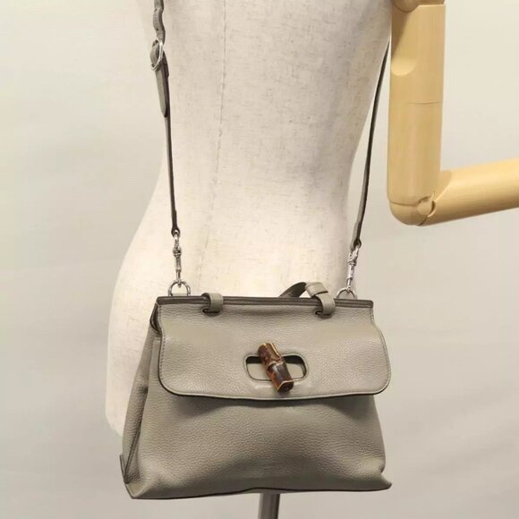 GUCCI Bamboo Hand Bag Leather 2way Gray 370831 Auth BA091 - Picture 14 of 16